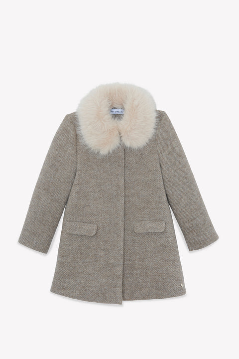 Mantel - Beige mittlerer Tweed Kragen Pelzimitat - Image principale