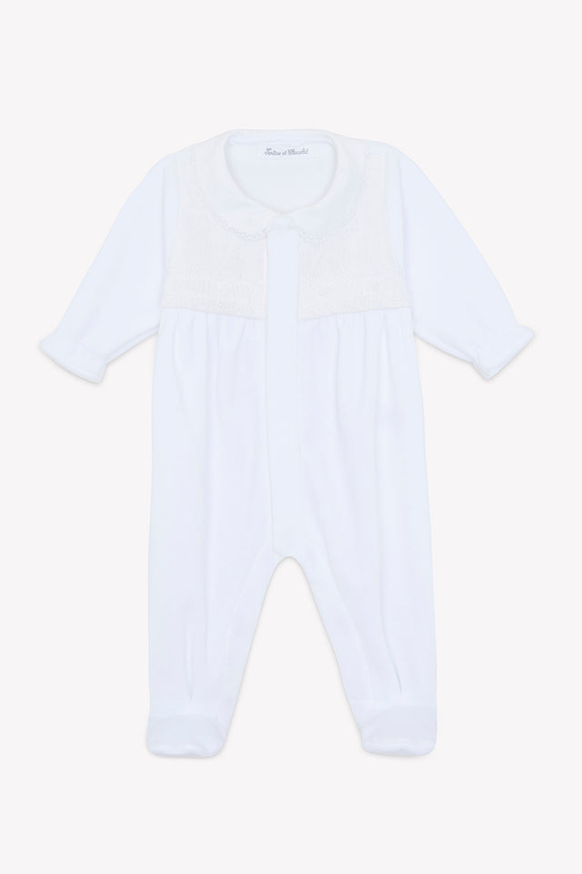 Pyjama - Blanc coton col Claudine dentelle fine - Image principale