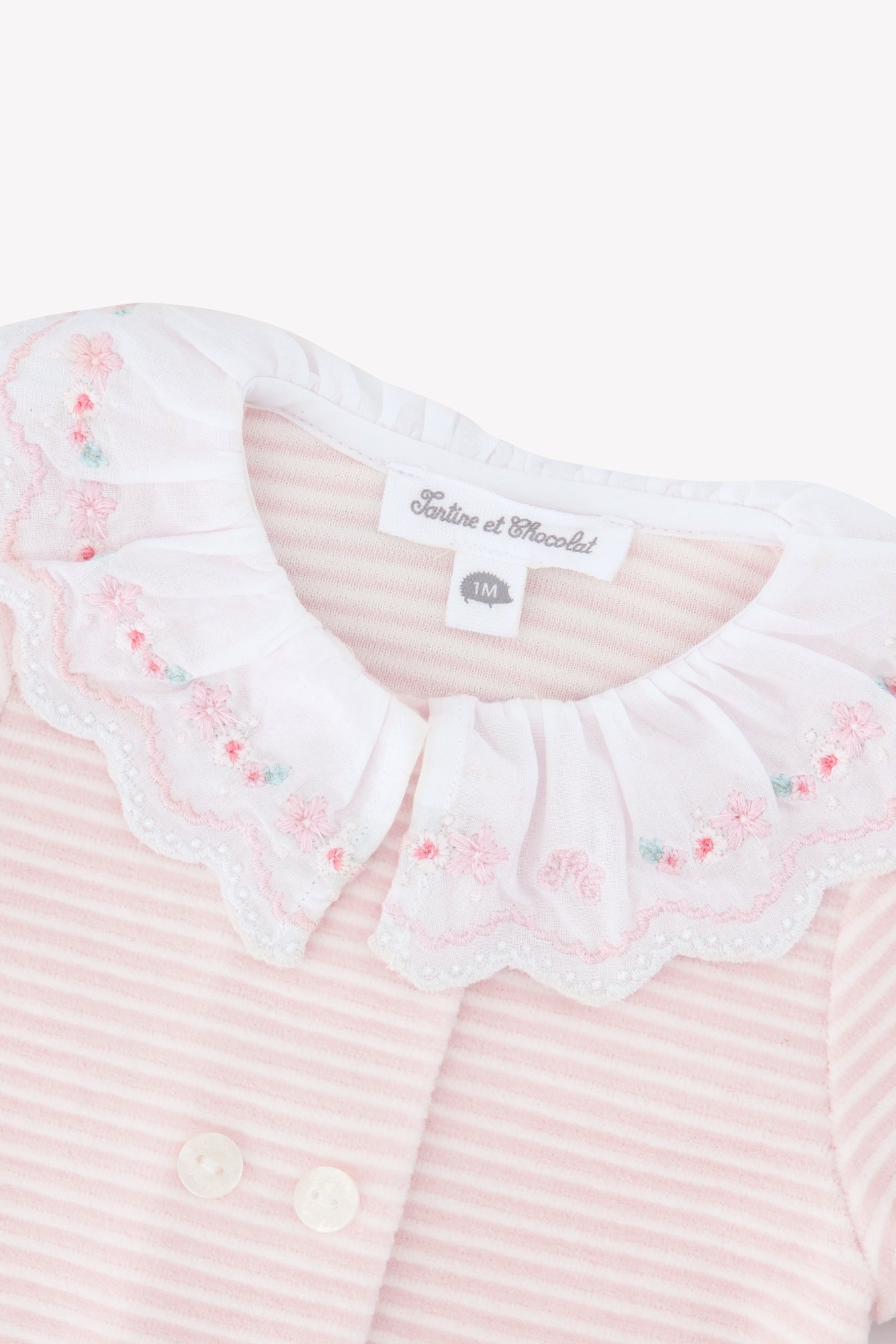 Pyjama - Rose pâle velours rayures col volanté