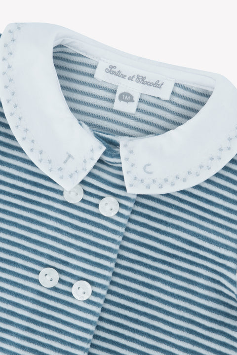 Pyjama - Bleu orage velours rayures col Claudine - Image principale