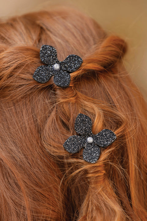 Barrette - Noir métal fleurs paillettes - Image principale