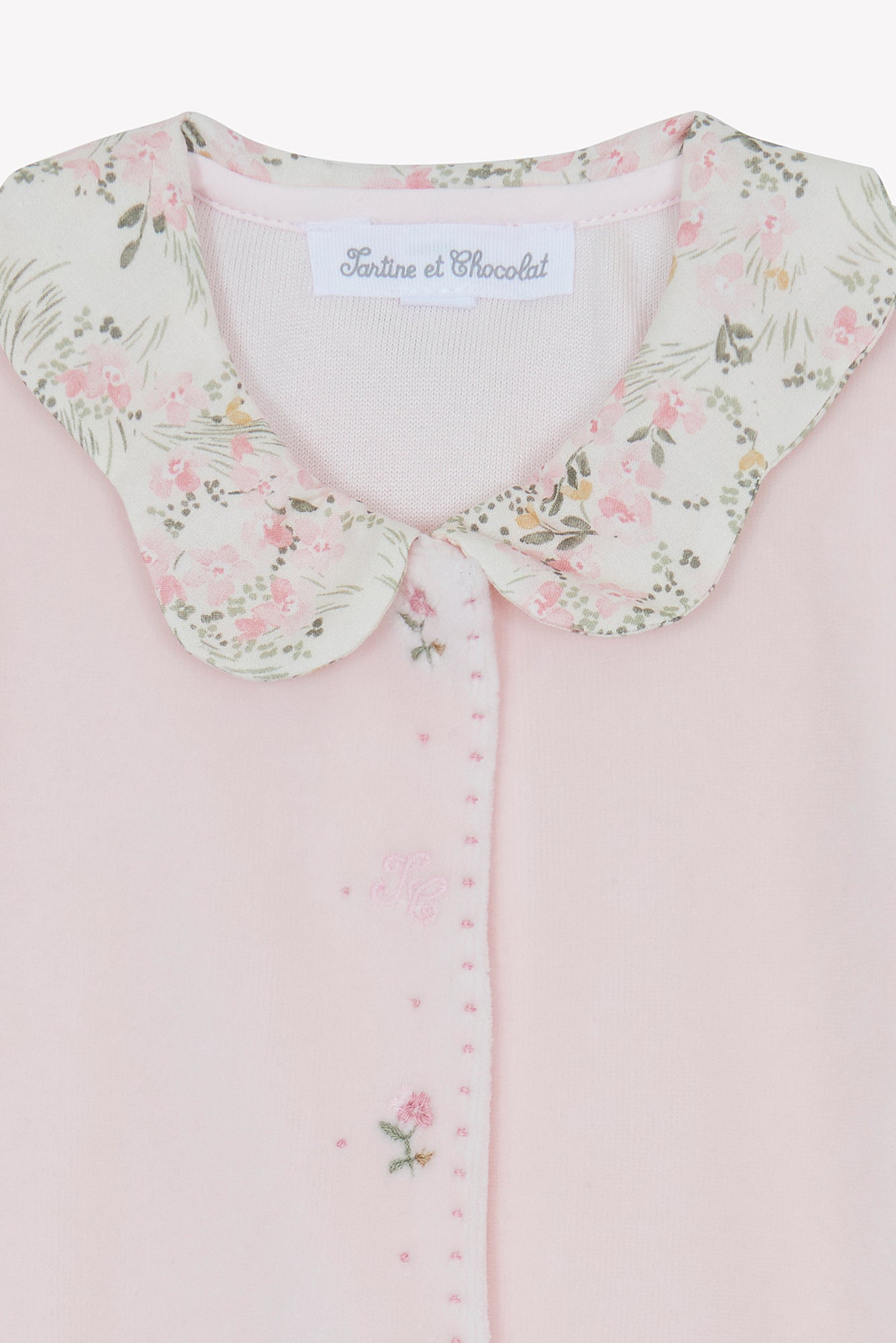 Pyjama - Velours rose pâle imprimé fleuri jardin hivernal