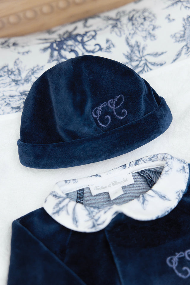 Bonnet - Bleu velours imprimé inspiration toile de jouy - Image principale