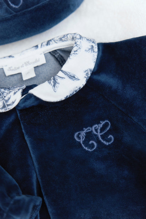 Pyjama - Bleu velours imprimé inspiration toile de jouy - Image principale