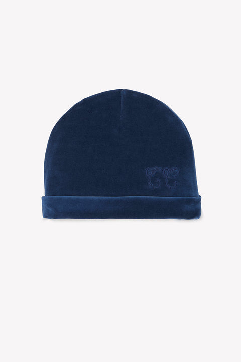 Bonnet - Bleu velours imprimé inspiration toile de jouy - Image principale