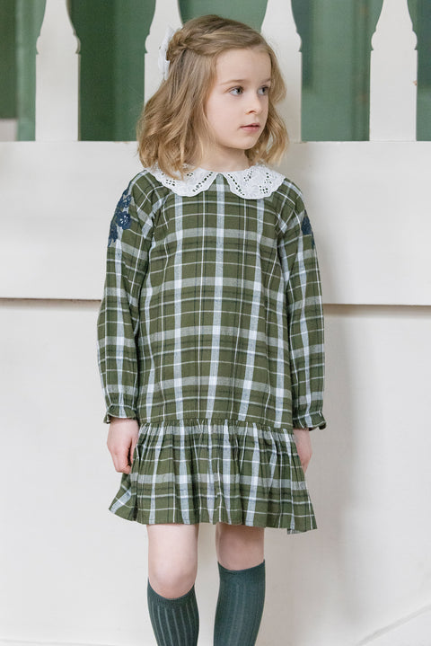 Robe - Kaki carreaux col ajouré - Image principale