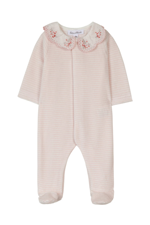 Pyjama's - Lichtroze Velours Streeps Halsband Geborduurd - Image principale