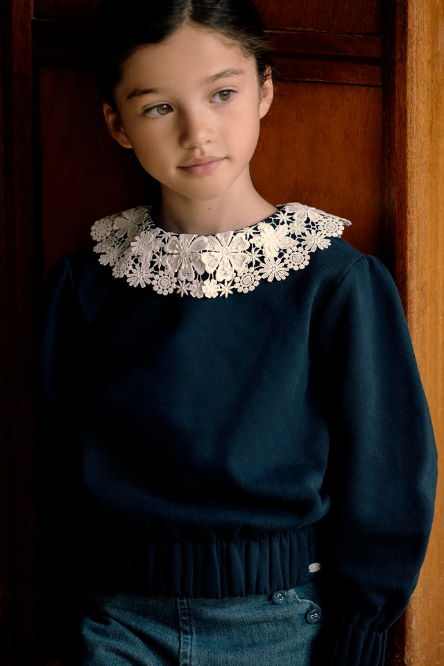 Sweat - Marine col galon broderie - Image principale