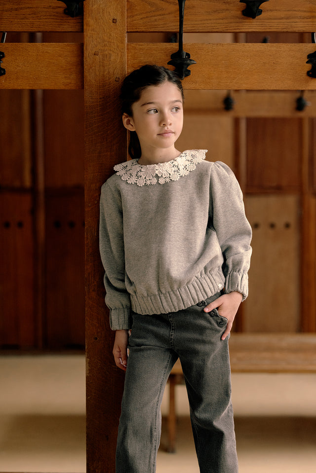 Sweat - Gris clair col galon broderie - Image principale