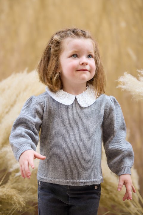 Pullover - Grau Kragen Borte Stickerei - Image principale