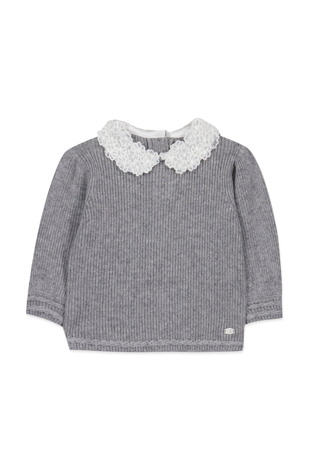 Pullover - Grau Kragen Borte Stickerei - Image principale