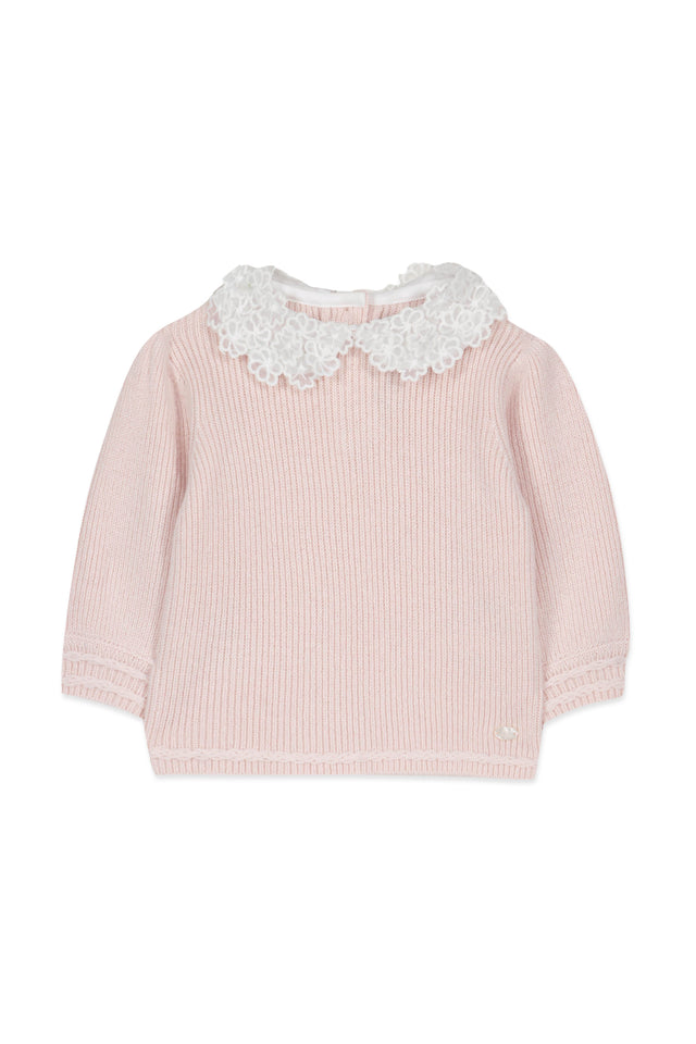 Pullover - Blassrosa Kragen Borte Stickerei - Image principale