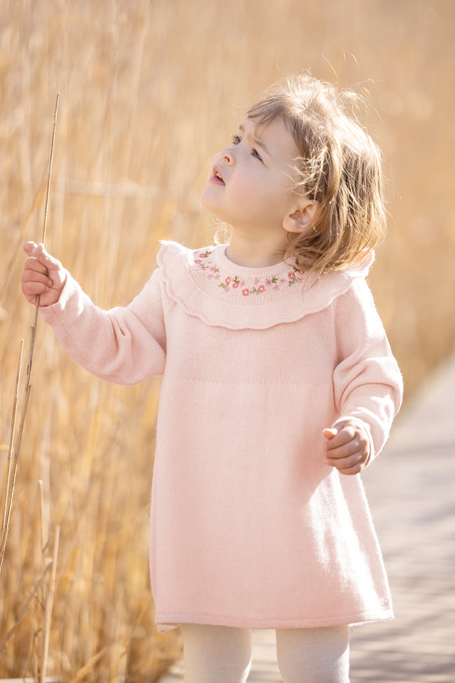 Robe - Maille rose pâle broderie fleurie - Image principale