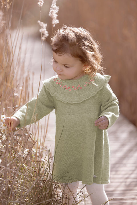 Kleid - Strickwaren Grün Blumenstickerei - Image principale