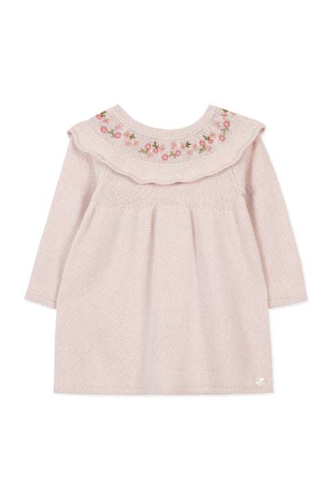 Robe - Maille rose pâle broderie fleurie - Image principale