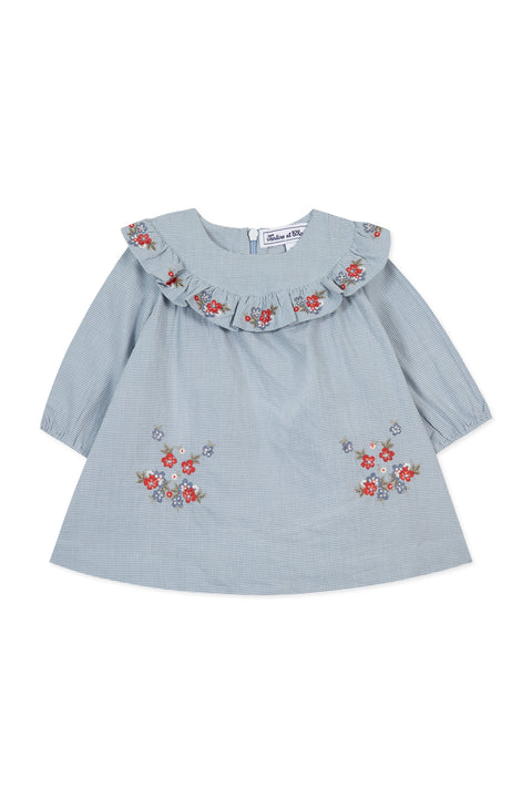 Dress - Blue two-tone gingham and floral embroidery - Image principale