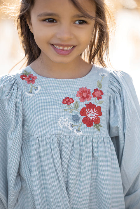 Robe - Bleu vichy et broderie fleurie - Image principale