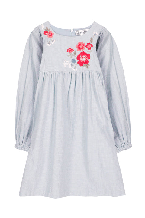 Robe - Bleu vichy et broderie fleurie - Image principale