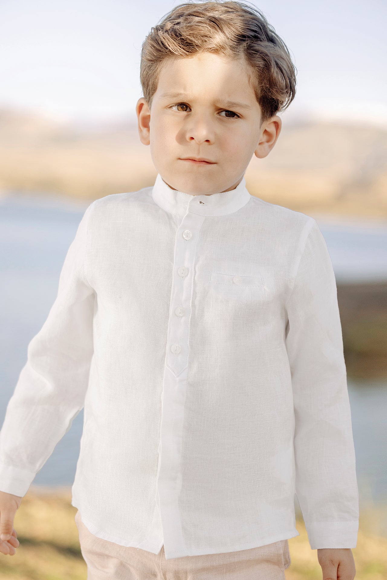 Shirt - White Linen Mao collar