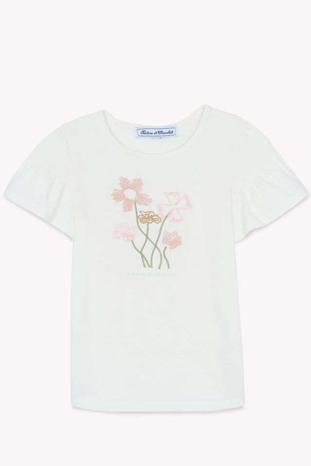 T-Shirt - Ecru Stickerei blumig - Image principale
