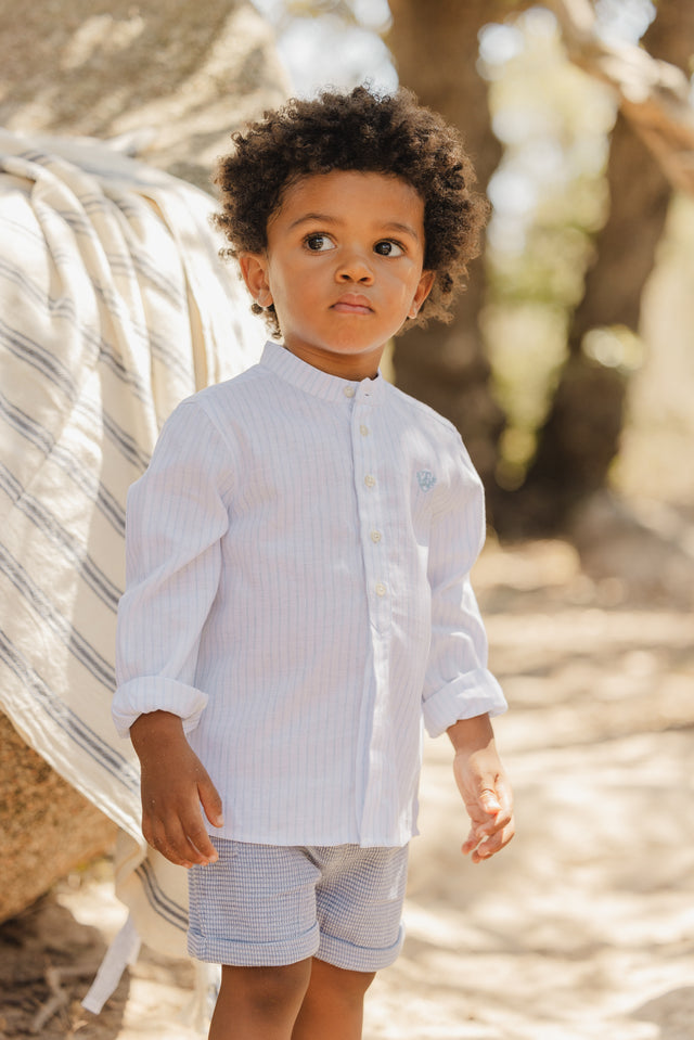 Camicia - Cielo di lino Righe Colletto alla coreana - Image principale