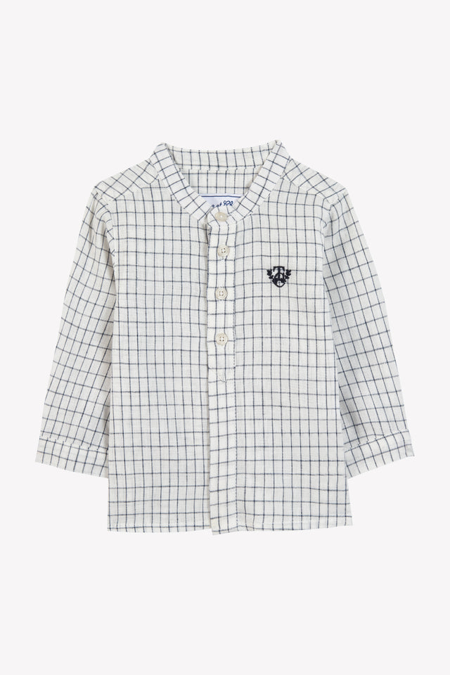 Shirt - Marineblau Leinen Karo Stehkragen - Image principale
