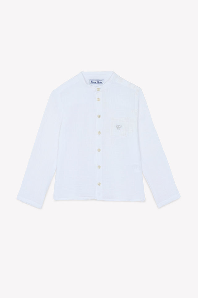 Shirt - Weiss Baumwollgaze Stehkragen - Image principale