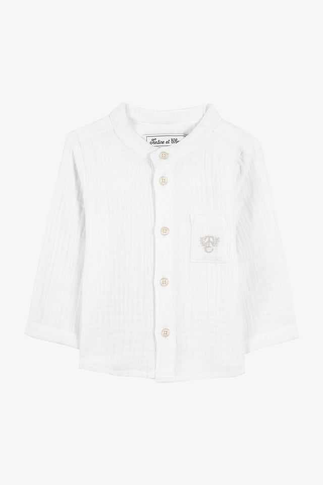 Shirt - Weiss Baumwollgaze Stehkragen - Image principale