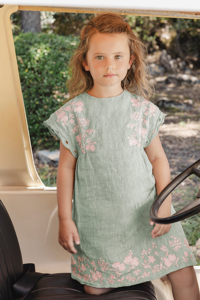 Robe - Kaki lin broderie fleurie - Image principale