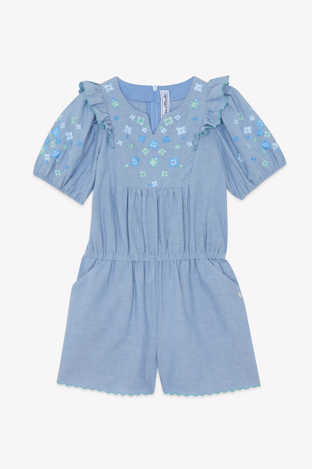 Jumpsuit short - Blue chambray Embrodery flowery - Image principale