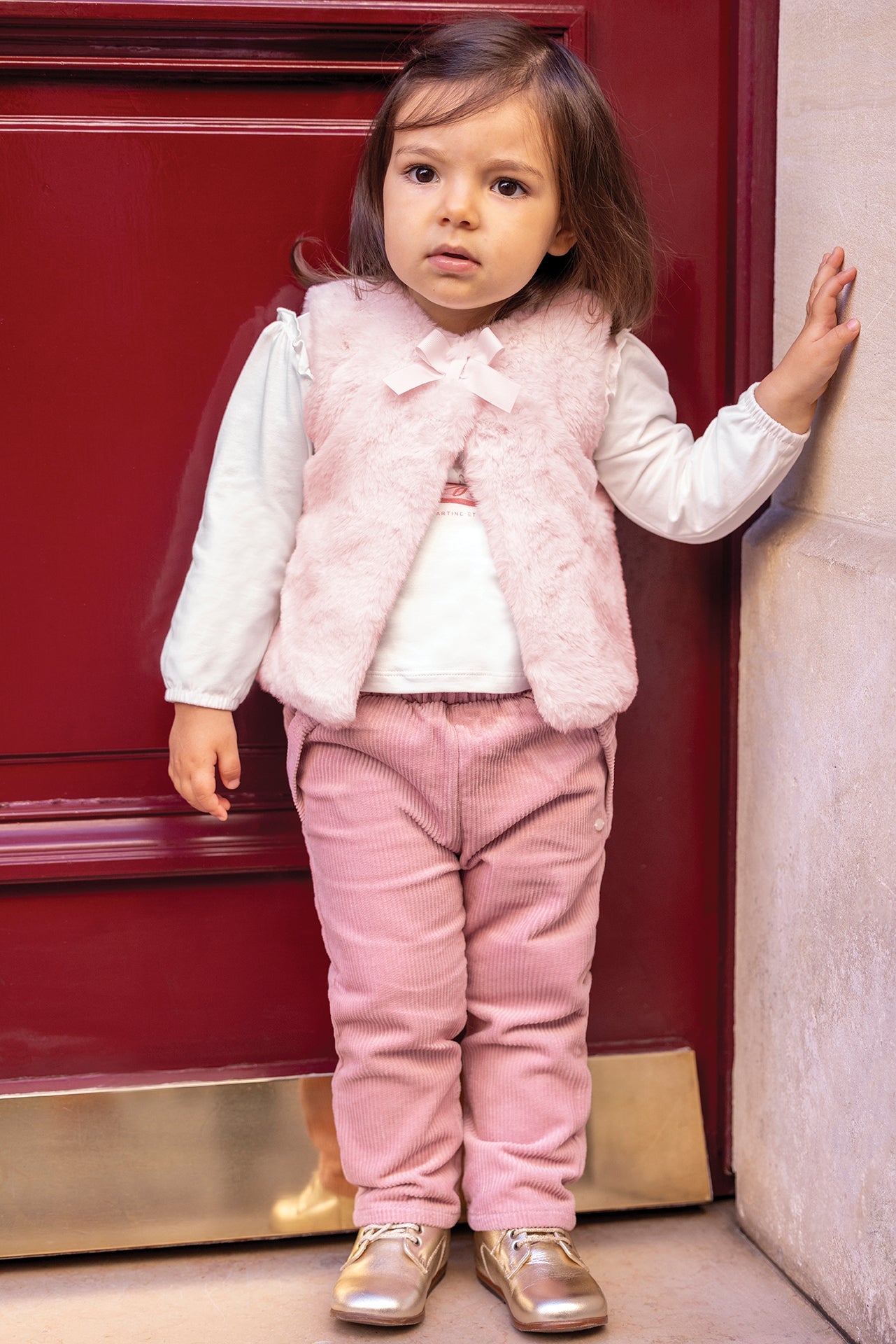 Gilet - Rose pâle imitation fourrure avec nœud