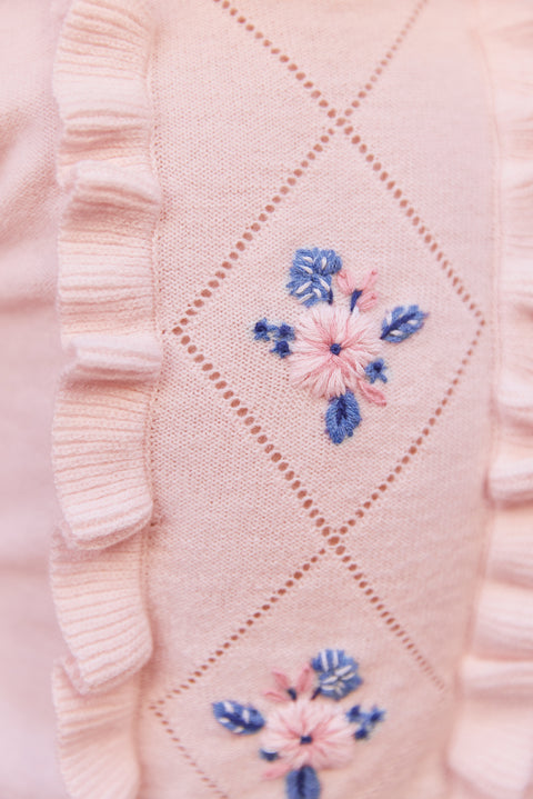 Pull - Rose pâle broderie fleurs - Image principale