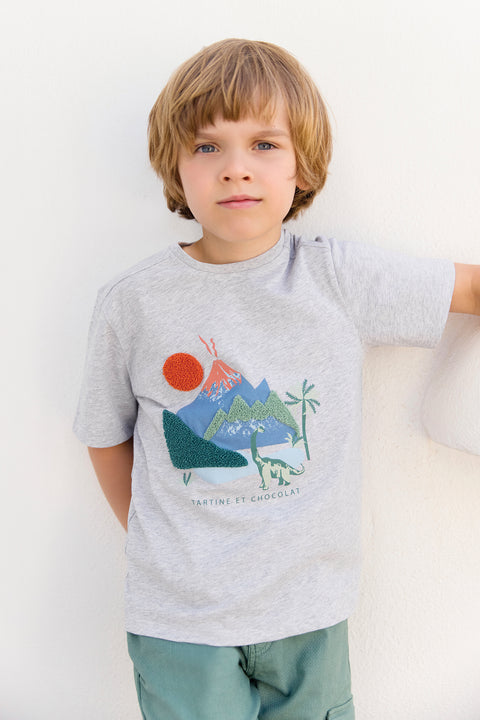 T-shirt - Gris chiné coton illustration explorateur - Image principale