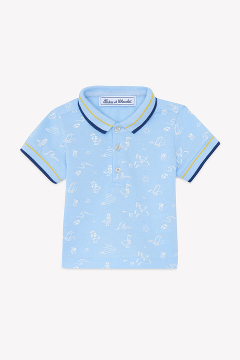 Polo - Bleu nuage coton imprimé bord de mer - Image principale
