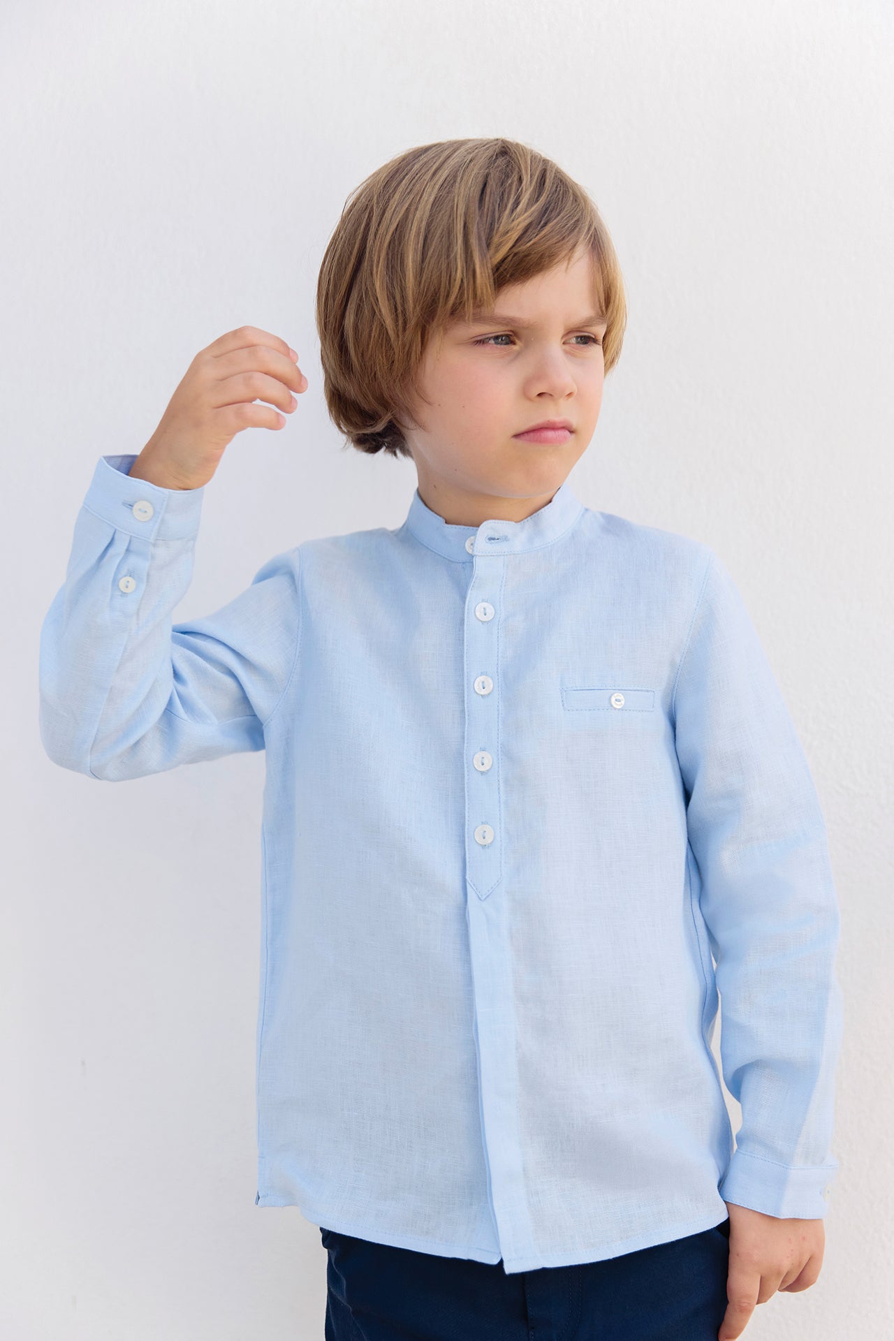 Shirt - Blau Wolke Leinen Stehkragen