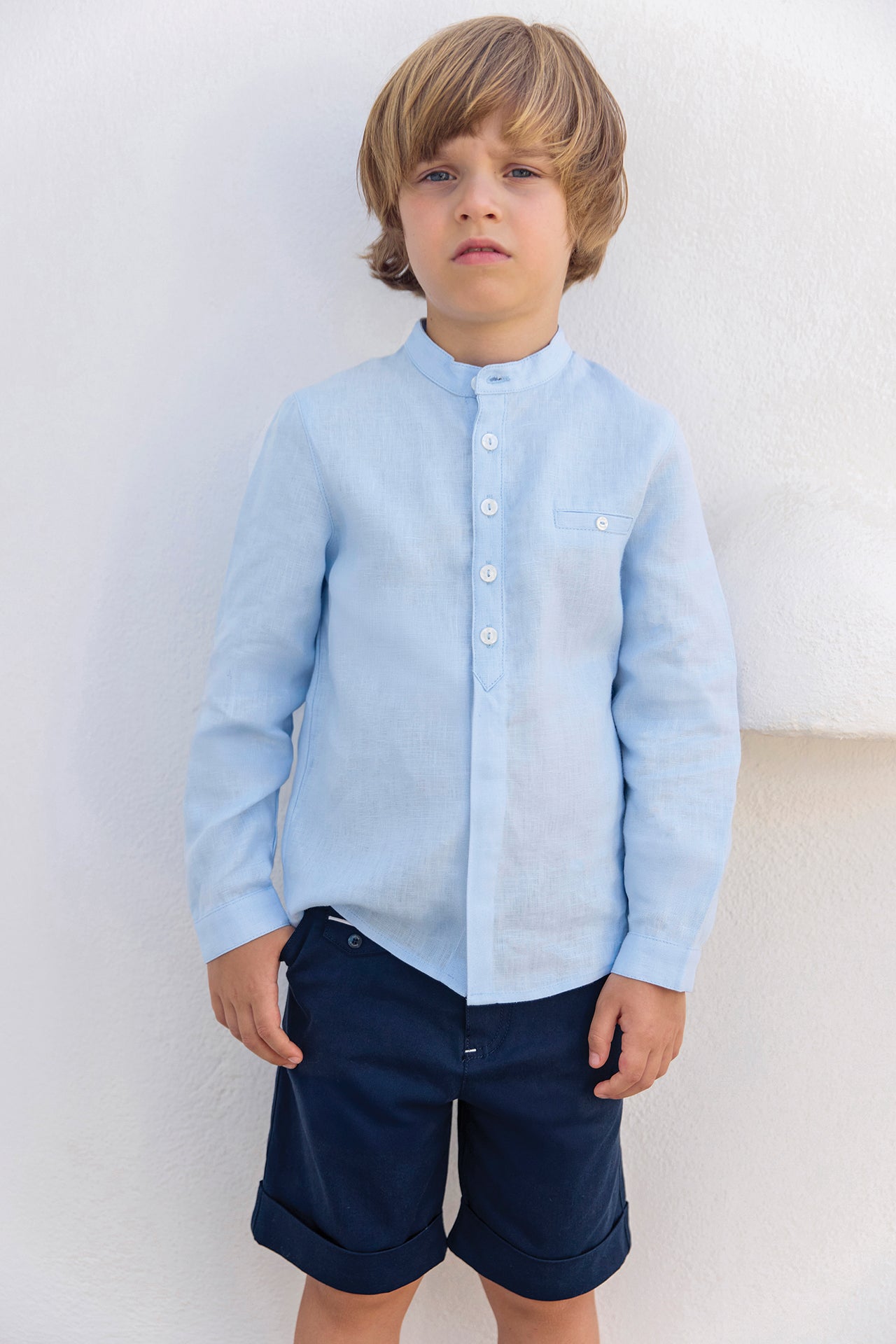 Shirt - Blau Wolke Leinen Stehkragen