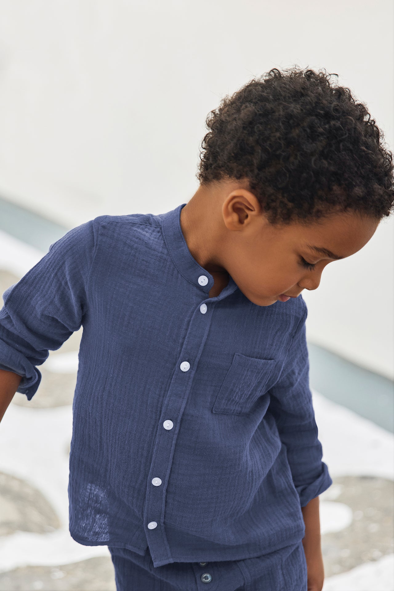 Shirt - Marineblau Baumwolle Stehkragen