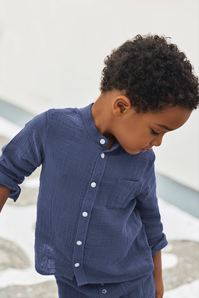 Shirt - Marineblau Baumwolle Stehkragen - Image principale