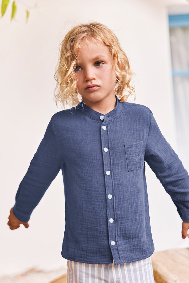 Shirt - Marineblau Baumwolle Stehkragen - Image principale