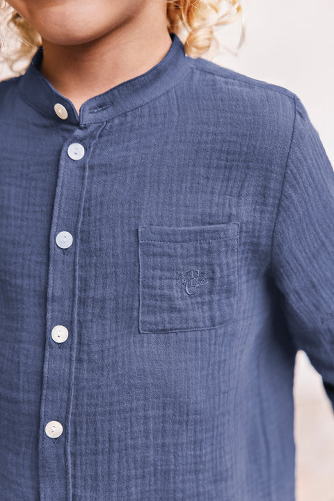 Shirt - Marineblau Baumwolle Stehkragen - Image principale