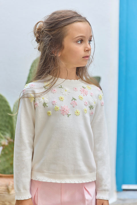 Trui - Ecru Borduurwerk bloem - Image principale