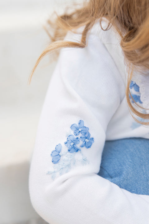 Strickjacke - Blau elektrische Baumwolle Stickerei Schleifenband - Image principale