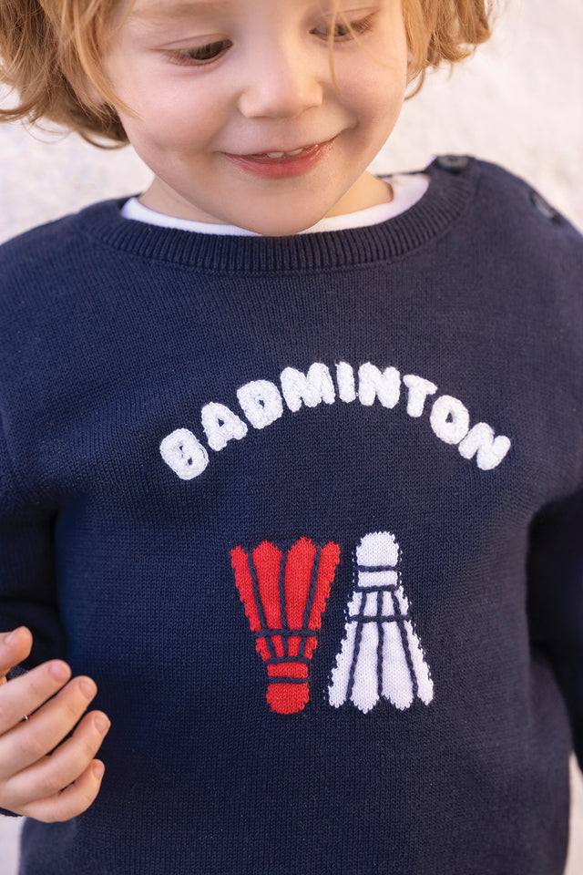 Pull - Marine coton illustration badminton - Image principale