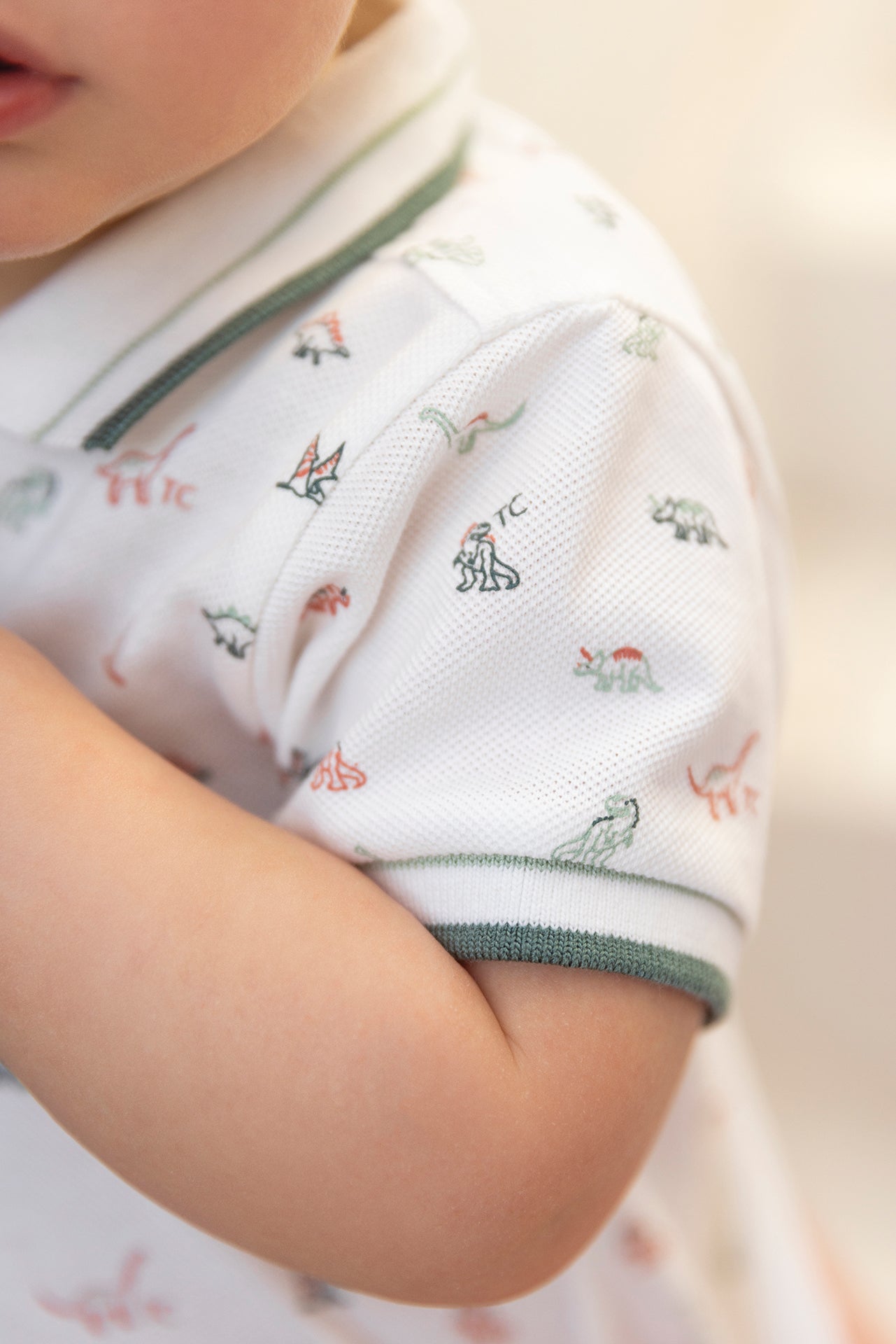 Kurzer Overall - Ecru Baumwolle mit Dinosaurier-Print