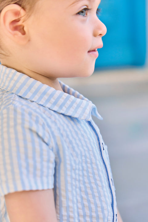 Kurzer Overall - Blau Wolkenbaumwolle Streifens - Image principale