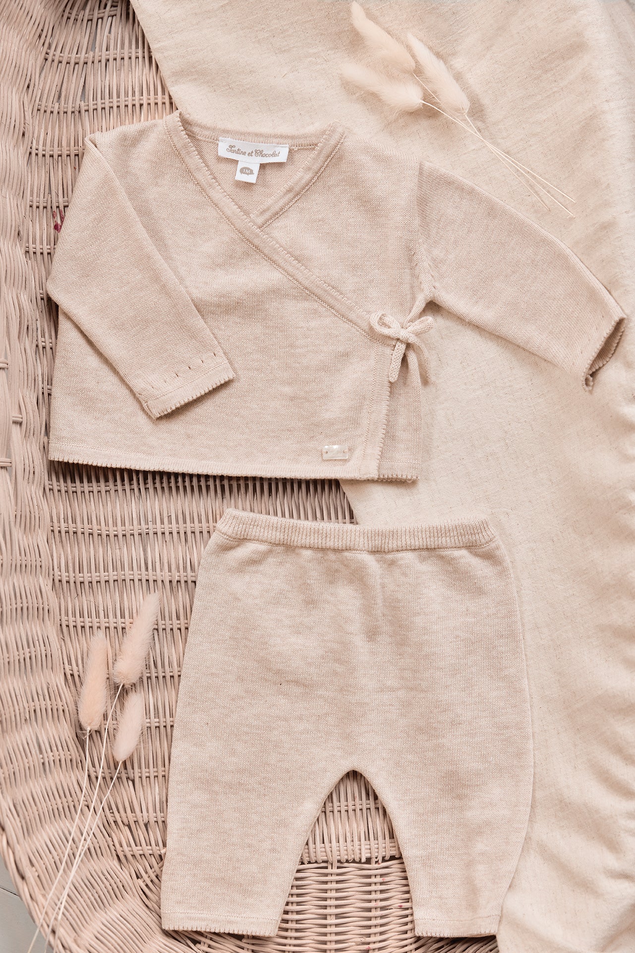 Ensemble long - Beige chiné coton cache-cœur