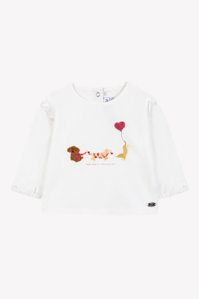 T-Shirt - Ecru Baumwolle mit Hundemuster - Image principale
