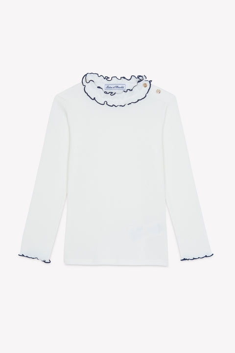 T-Shirt - Ecru Baumwolle Rüschenkragen - Image principale