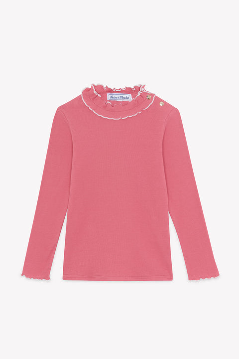 T-Shirt - Rosa Baumwoll-Pfingstrose Rüschenkragen - Image principale