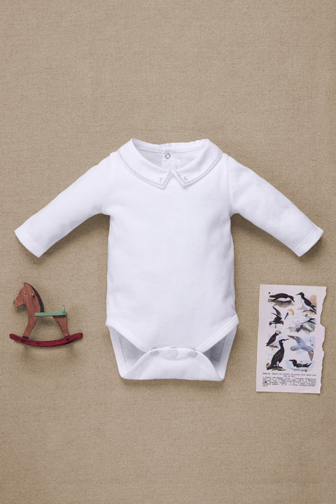Body - Bianco cotone Colletto a punta Ricamo grigio - Image principale